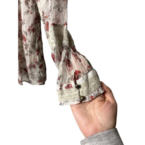 Anthropologie Boho Blouse tiny floral crinkle chiffon lace trim poet sleeve S - Picture 6 of 14